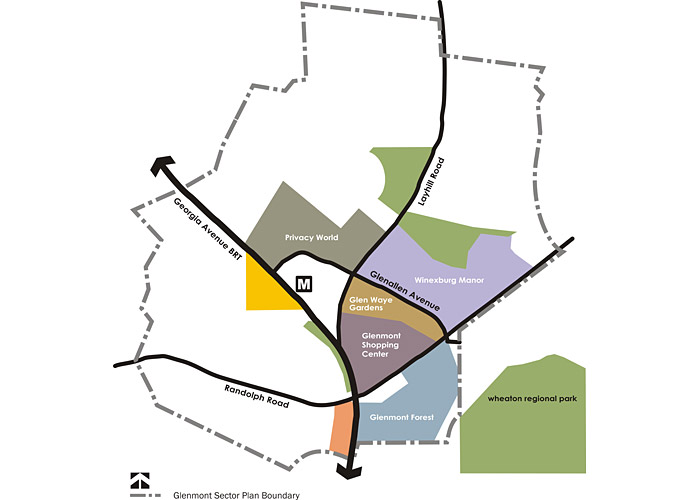 The Sector Plan area contains about 711 acres. The Glenmont Shopping Center at Georgia Avenue and Randolph, sits at the heart of the community.