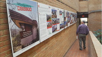 Montgomery Modern exhibit panels on brick wall