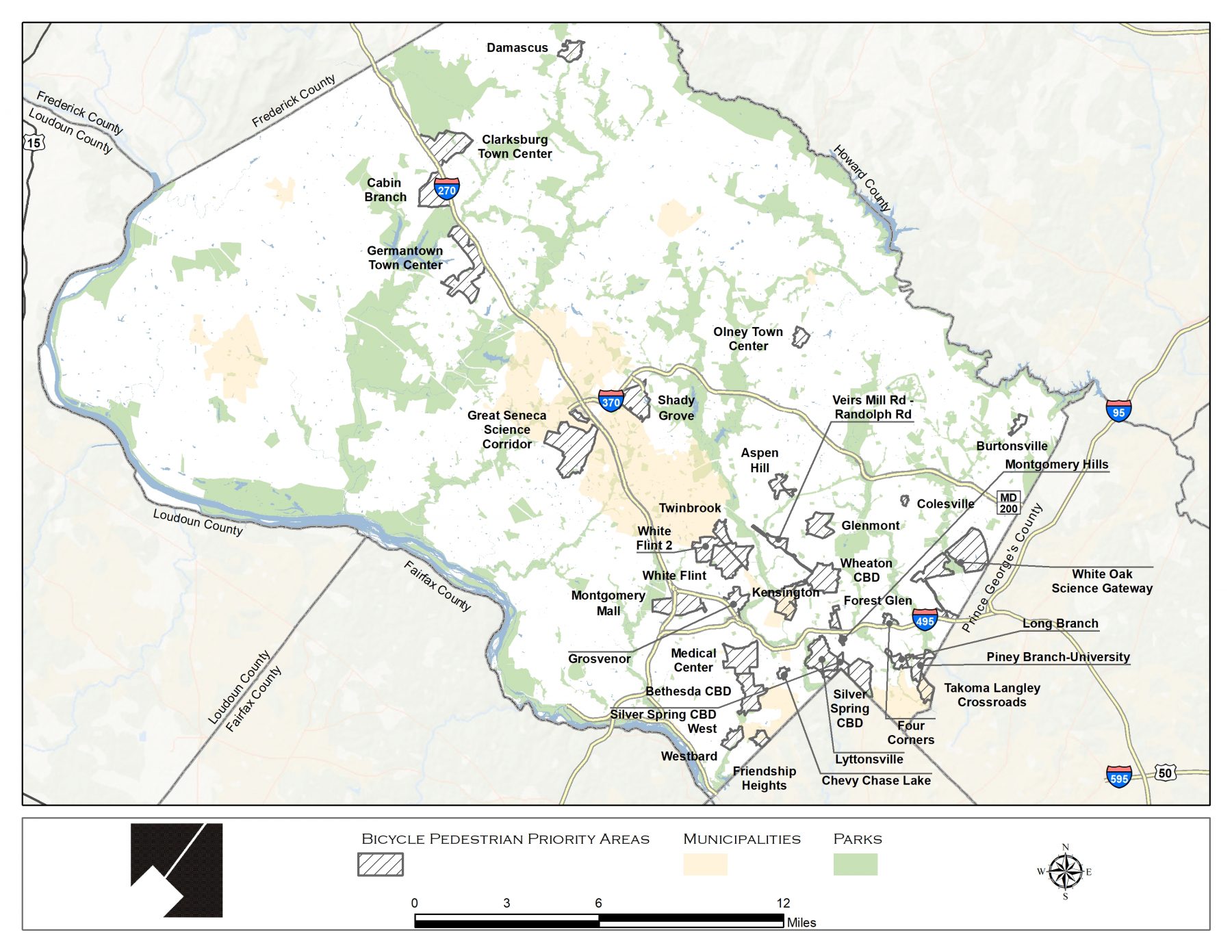 Map of Bicycle Pedestrian Priority Areas in Montgomery County