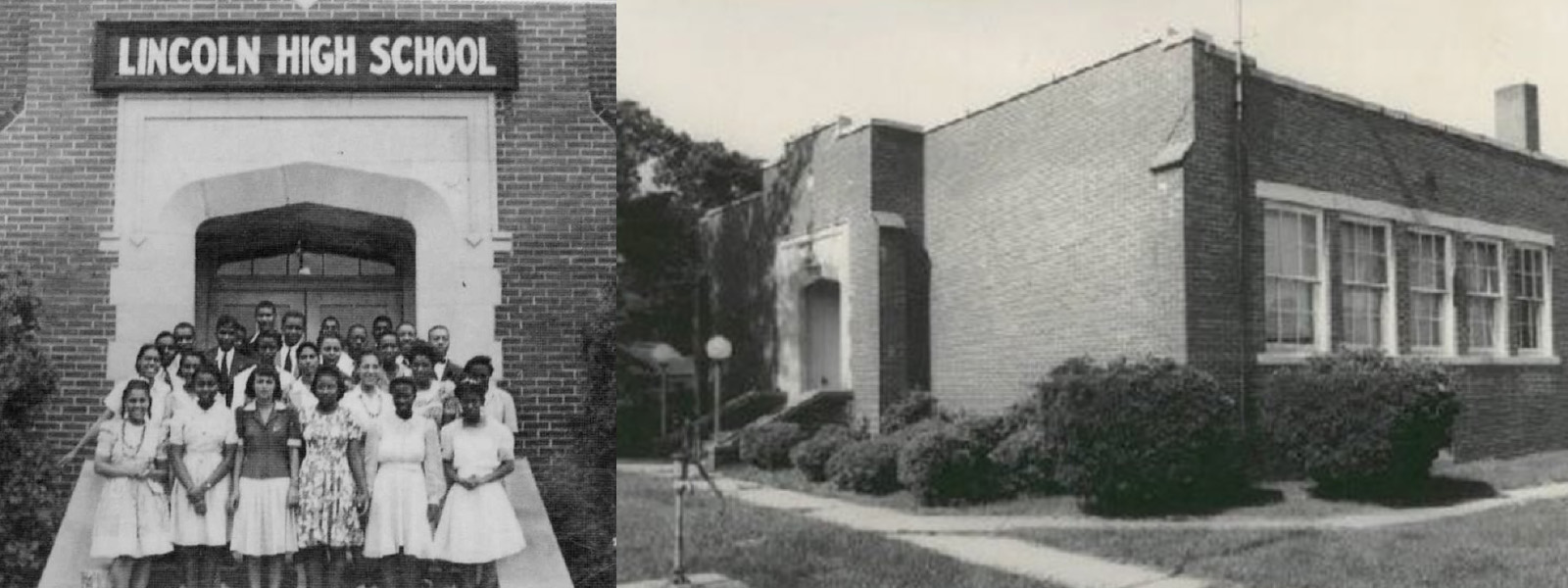 Two images: Students at entrance of Lincoln High School and an exterior shot of the Lincoln High School building