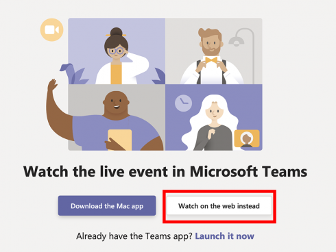 Screenshot of Microsoft Teams Welcome page with red box highlighting 'Watch on the web instead'