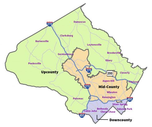 Map of Montgomery County, divided into three areas: Upcounty, mid-county, and downcounty. Upcounty encompasses the north, east and west parts of the county from Fairland to Potomac. Midcounty follows the east side of 495 and noth 270 to Germantown. Downcounty is inside of the beltway and borders Washington, DC