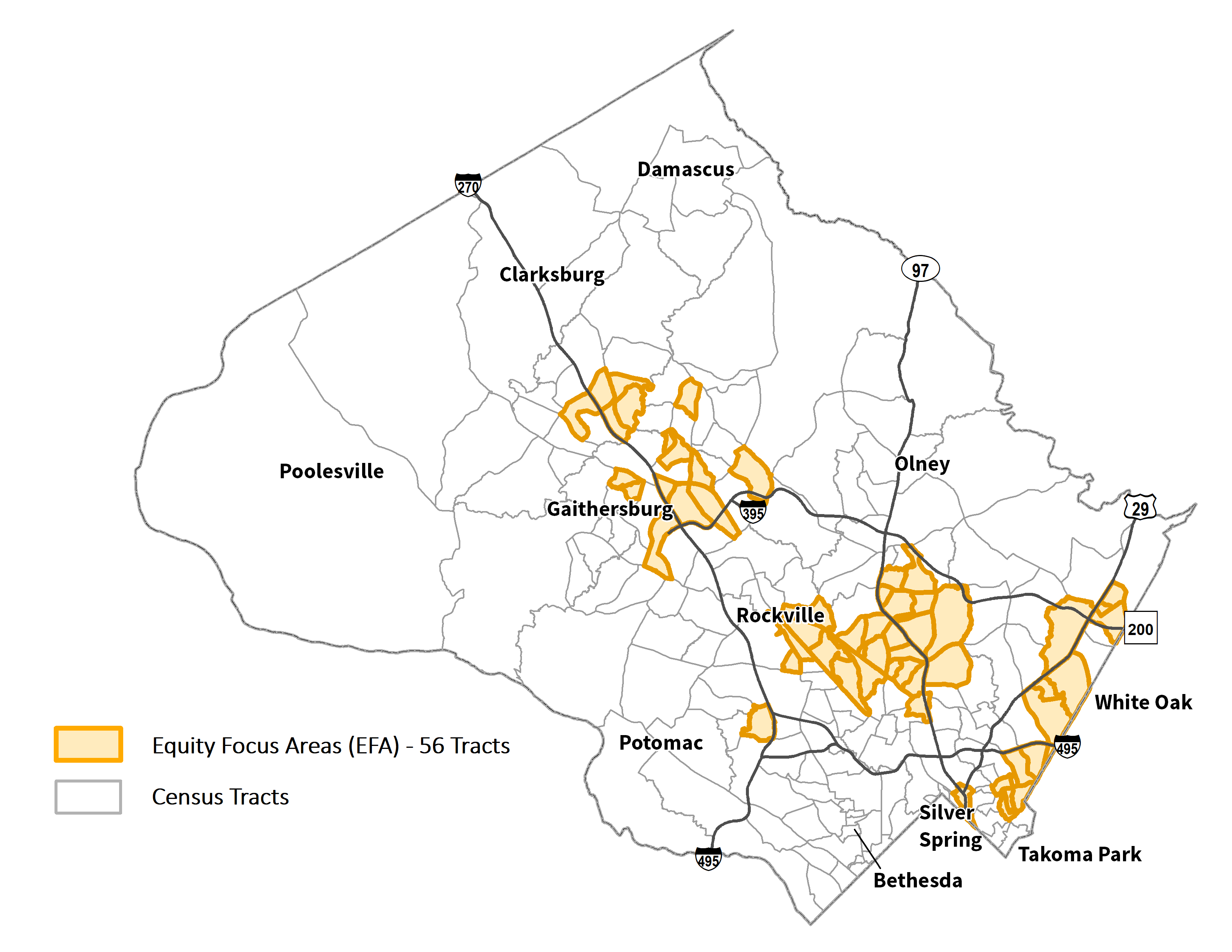 Map of Equity Focus Areas. These areas are primarily found along the I-270 Corridor, the Route 29 Corridor, and the eastern portion of Down County.