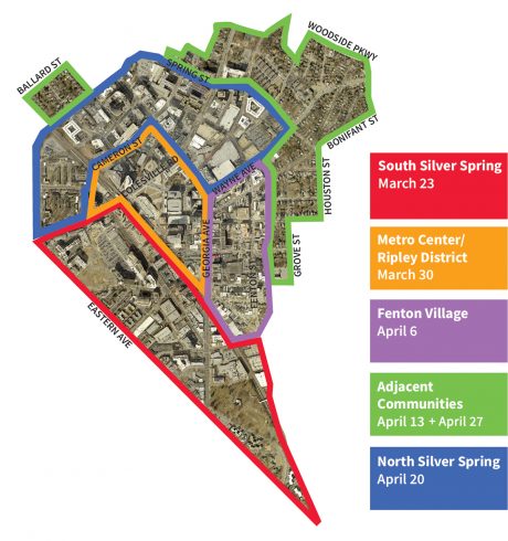Map of Silver Spring Districts and workshop dates. South Silver Spring (March 23) includes everything south of Colesville Road and west of the Metrorail, including all of Montgomery College in Silver Spring and Jesup Blair Park down to the border with DC.Metro Center/Ripley District (March 30) includes the parcels around the Transit Center on both sides of Colesville Road, and includes the blocks east and south of the transit center between the Metrorail and Georgia Avenue. Fenton Village (April 6) includes the blocks south of Wayne Ave on either side of Fenton Street. This district extends to Georgia Avenue to the west and down to Montgomery College to the south. Adjacent Communities (April 13) includes the residential blocks of Woodside, Woodside Park, Seven Oaks-Evanswood and East Silver Spring that have been included in the plan boundary. North Silver Spring (April 20) includes all blocks north of Cameron Street but south of Spring Stret, including the Falklands to the west and the Ellsworth shopping area to the west.