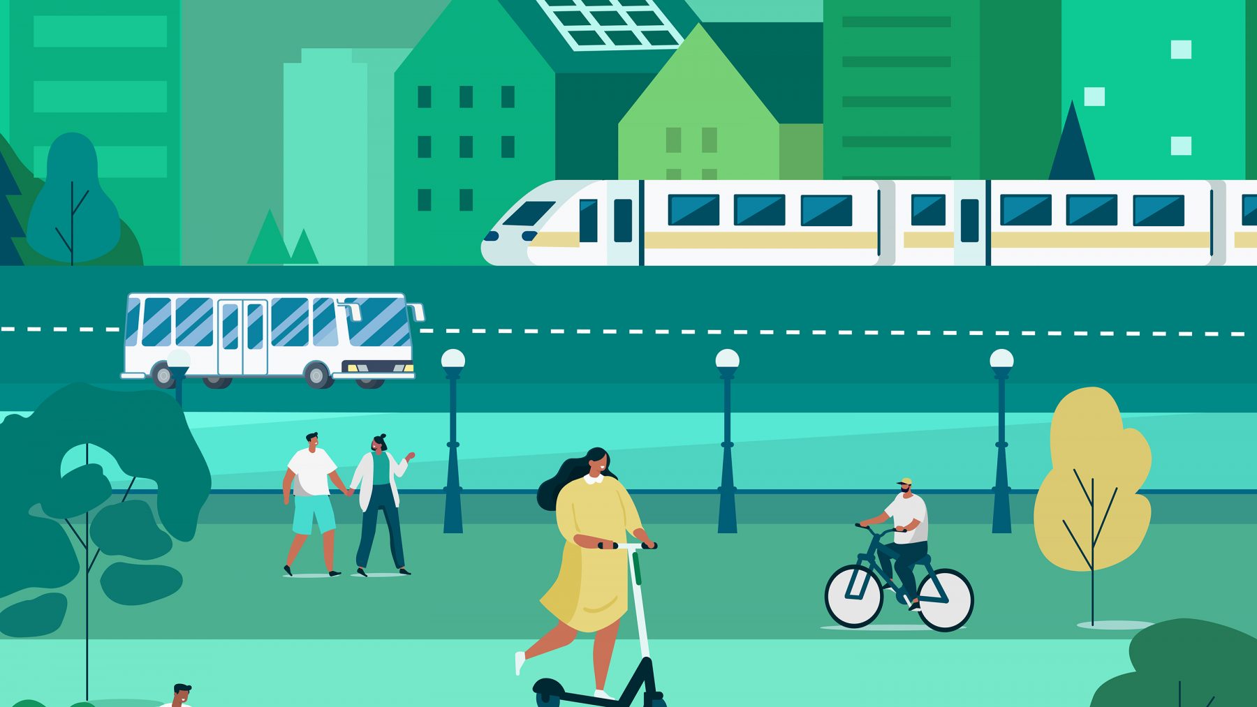 transportation monitoring graphic shows trains, buses, bikes and more