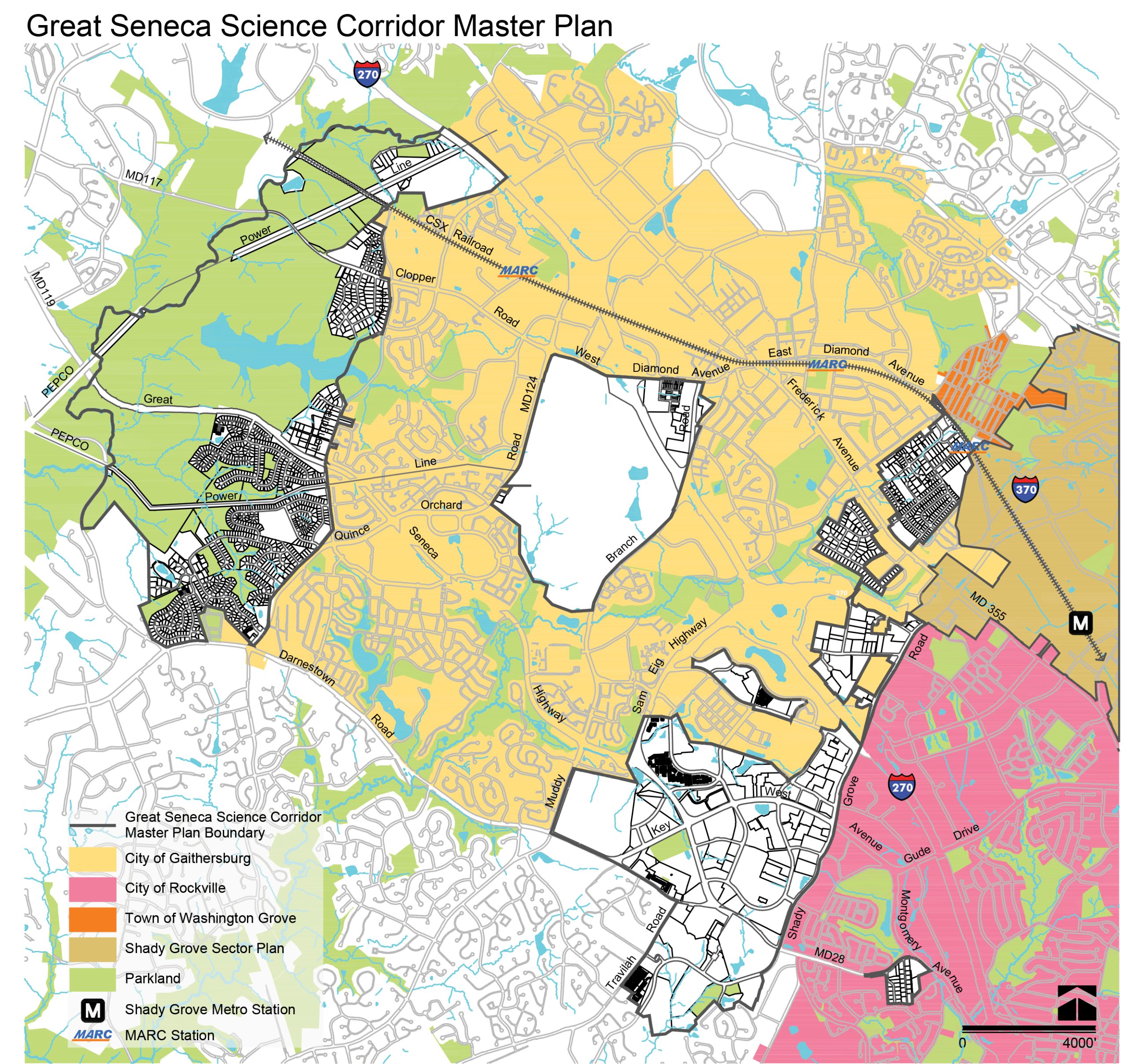 Great Seneca Science Corridor boundary map. The Great Seneca area of Montgomery County consists of the area that surrounds the Shady Grove Adventist Hospital and the Universities at Shady Grove, as well as the National Institute of Standards and Technology (NIST) and the Londonderry, western Quince Orchard, Rosemont and Oakmont neighborhoods. 