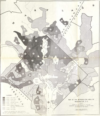 The Federal Housing Administration’s Residential Sub-Area Map for the District of Columbia divided neighborhoods into different grades based on race in 1937. Between Takoma Park and Silver Spring is an area labeled as “Residential Sub-Area Type H” noting a black community. 