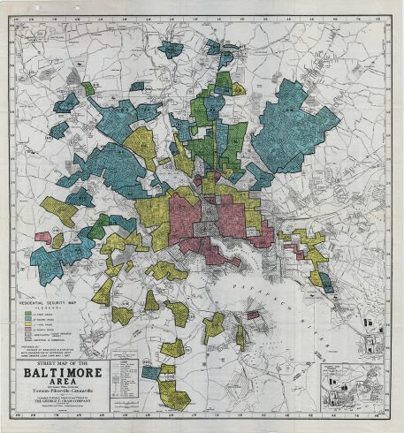 Homeowners’ Loan Corporation’s color-coded Residential Security Map of Baltimore showing the grade assigned to various neighborhoods in 1937. A higher proportion of areas labeled as “Security Grade D” noting black residents were located towards the center of the city.