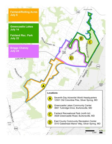 A map of the Fairland and Briggs Chaney Master Plan boundary with sub-focus areas for each of the three in-person visioning workshops. The northern focus area includes residential communities along Greencastle Road for the July 14 workshop at the Greencastle Lakes Community Center. The central focus area includes residential communities, commercial properties, and schools along Briggs Chaney Road for the July 24 workshop at East County Community Recreation Center. The southern focus area includes residential communities at Old Columbia Pike and Tech Road, as well as the US 29 corridor north to the ICC for the July 6 workshop at the Seventh-Day Adventist Headquarters. An additional community event is shown on the map at the north lot of the Fairland Recreational Park, to be held on July 22.