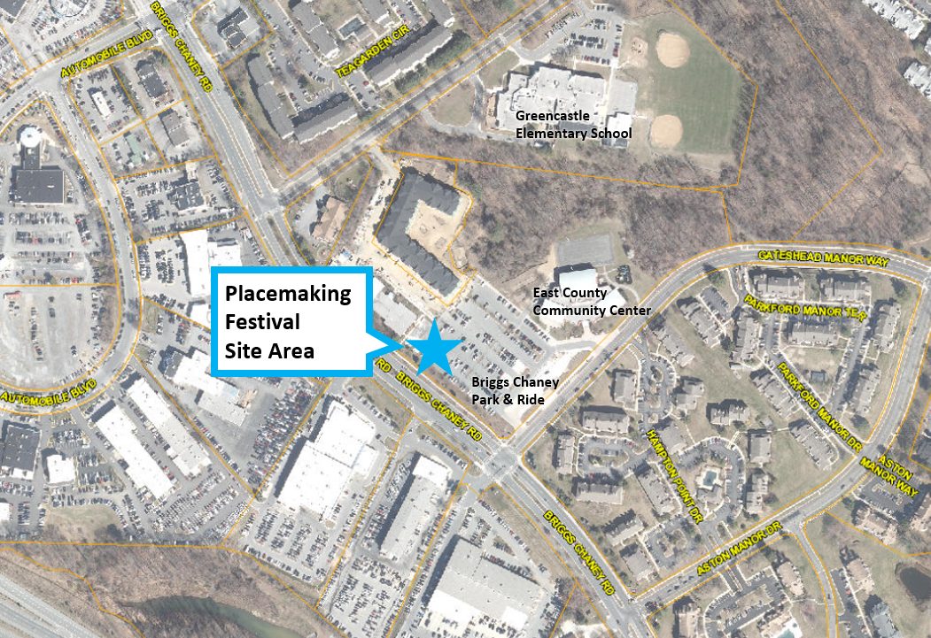 aerial map of the Fairland and Briggs Chaney Placemaking Festival site denoted with a blue star. The site area is located in the parking lot of the Briggs Chaney Park and Ride.
