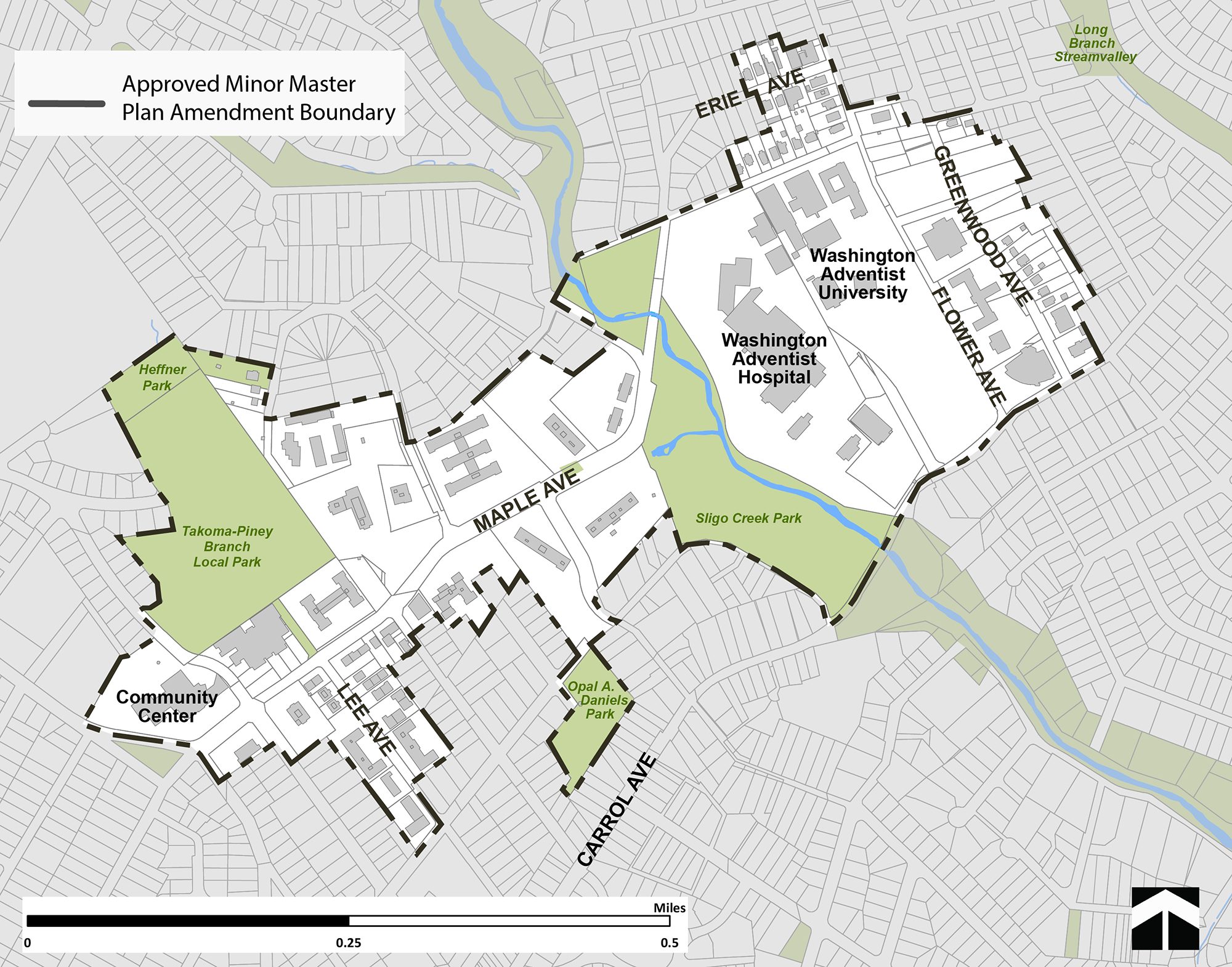 The map shows the Takoma Park Minor Master Plan Amendment Boundary area. This will encompass an area running along Maple Avenue between Washington Adventist University campus on the east and the Philadelphia Avenue on the west. Specifically, it will include the campus of the Washington Adventist University, the site of the now vacant Washington Adventist hospital, adjacent to the University, and mixed-use properties at the intersection of Flower Avenue and Erie Avenue. It will include the multifamily properties along Maple Avenue as well as the Takoma Park Community Center, Piney Branch Elementary School, Piney Branch Park, Heffner Park and Opal Daniels Park. The Takoma Park Public works buildings located off of Ritchie Avenue will also be included in the plan boundary.