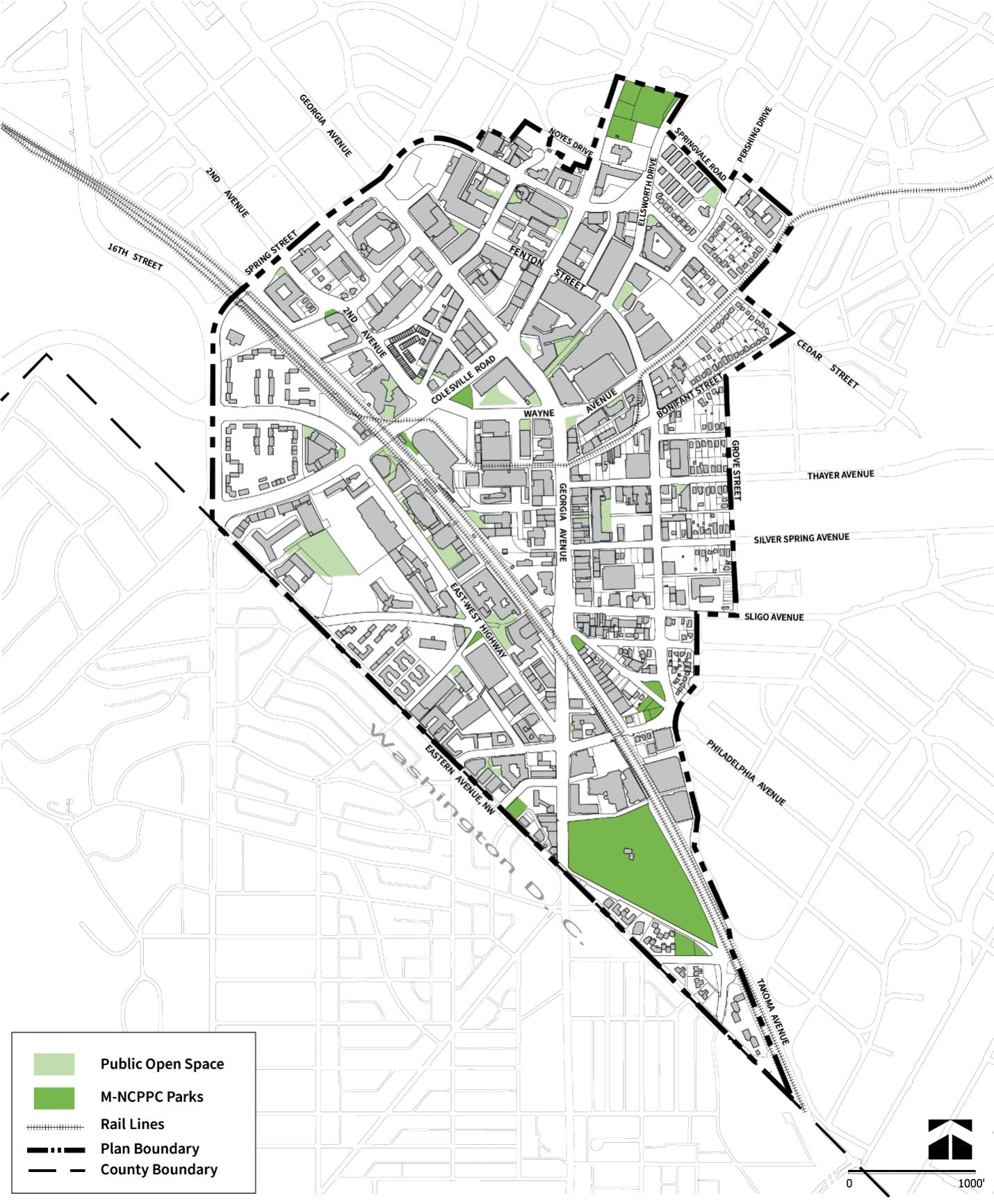 The Plan Area covers approximately 442 acres and is generally bound by Eastern Avenue to the south, 16th Street to the west, Spring Street to the north, and portions of the Seven Oaks-Evanswood and East Silver Spring neighborhoods to the east.