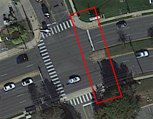  With the crossing in the red box missing, pedestrians must use the other three crosswalks to get between the upper and lower corners on the right side. Photo: Google Maps