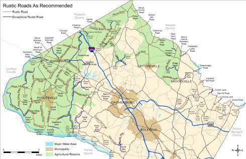 Map of Montgomery County north of the Capital Beltway showing the final recommendations for rustic roads.