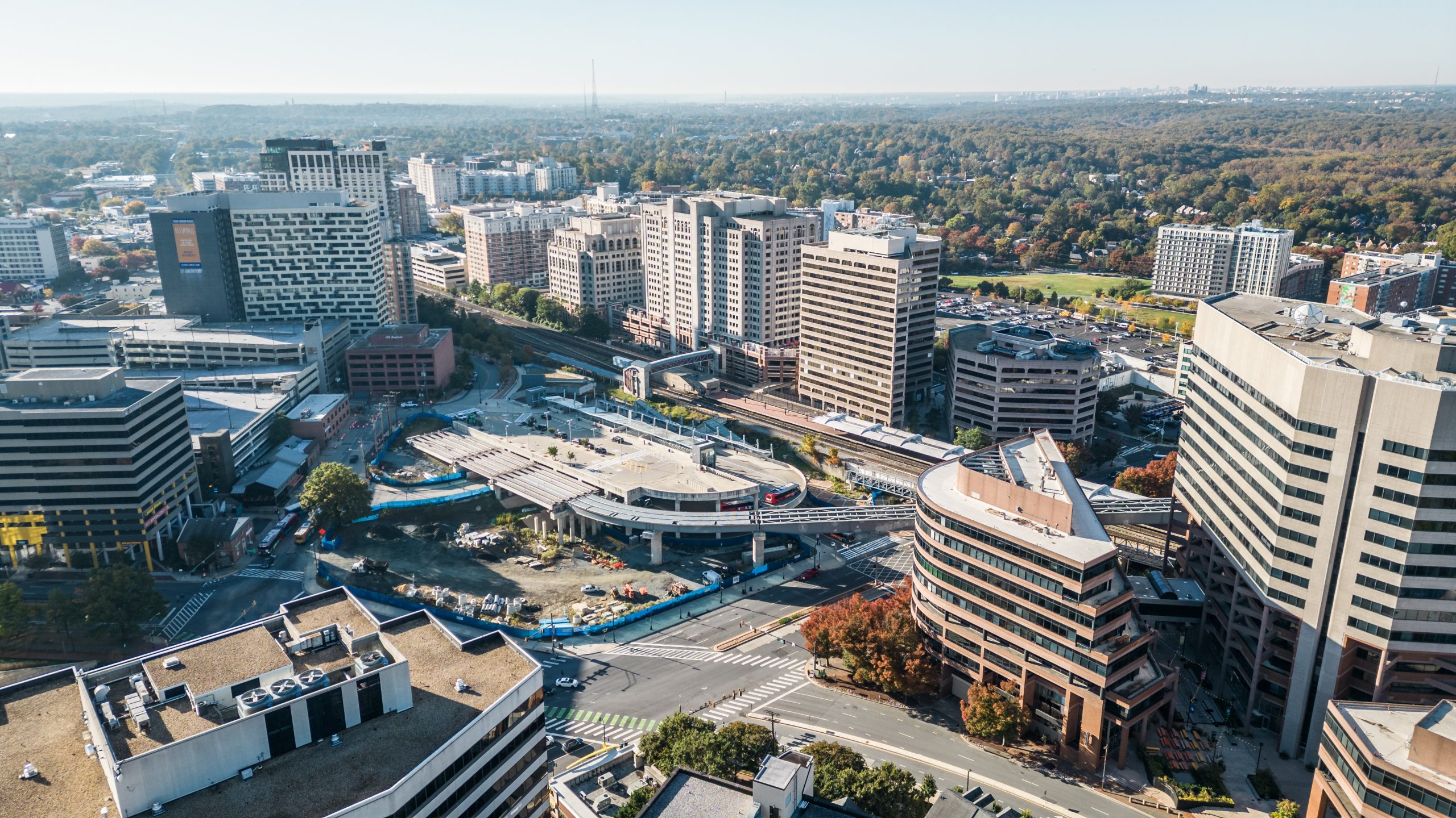 aerial image of downtown silver spring near the transit center