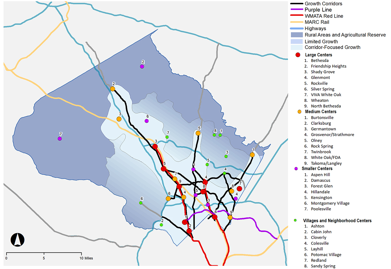 Map of Montgomery County illustrating growth corridors throughout the county as well as large, medium, and small activity centers. The map also displays villages and towns as well as transportation systems like the metro, MARC train and major roadways.