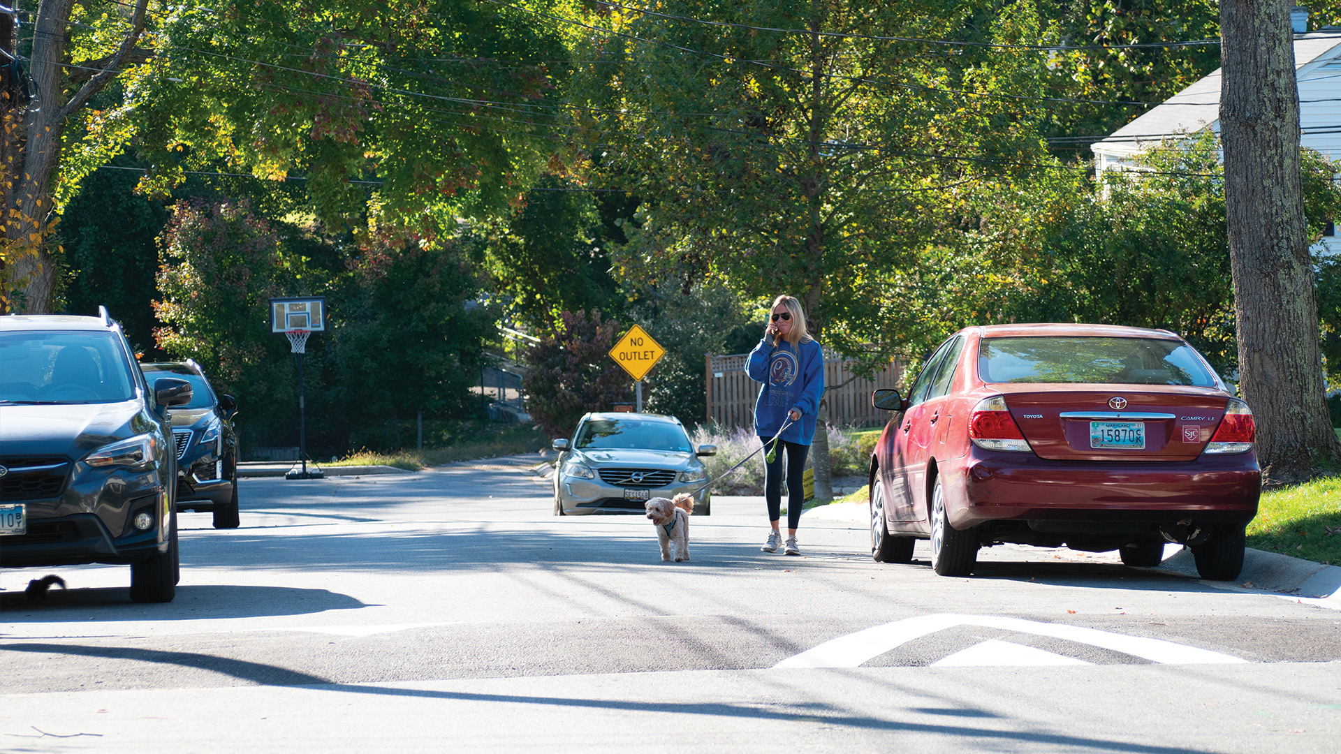 woman walking her dog in a neighborhood street