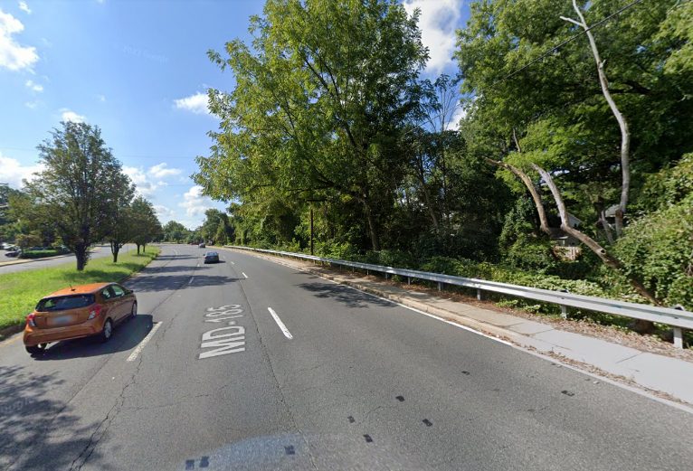 Guardrail behind sidewalk along Connecticut Avenue in Aspen Hill. Photo Credit: Google Maps