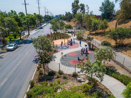 Linear park alongside a road