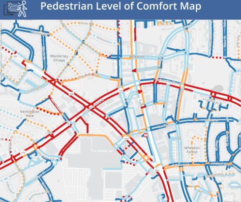 pedestrian level of comfort map showing the wheaton downtown area. the area shows a large number of streets being labeled uncomfortable and undesirable followed by somewhat comfortable streets.