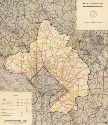 1955 map of Montgomery and PG counties with highways and roads highlighted