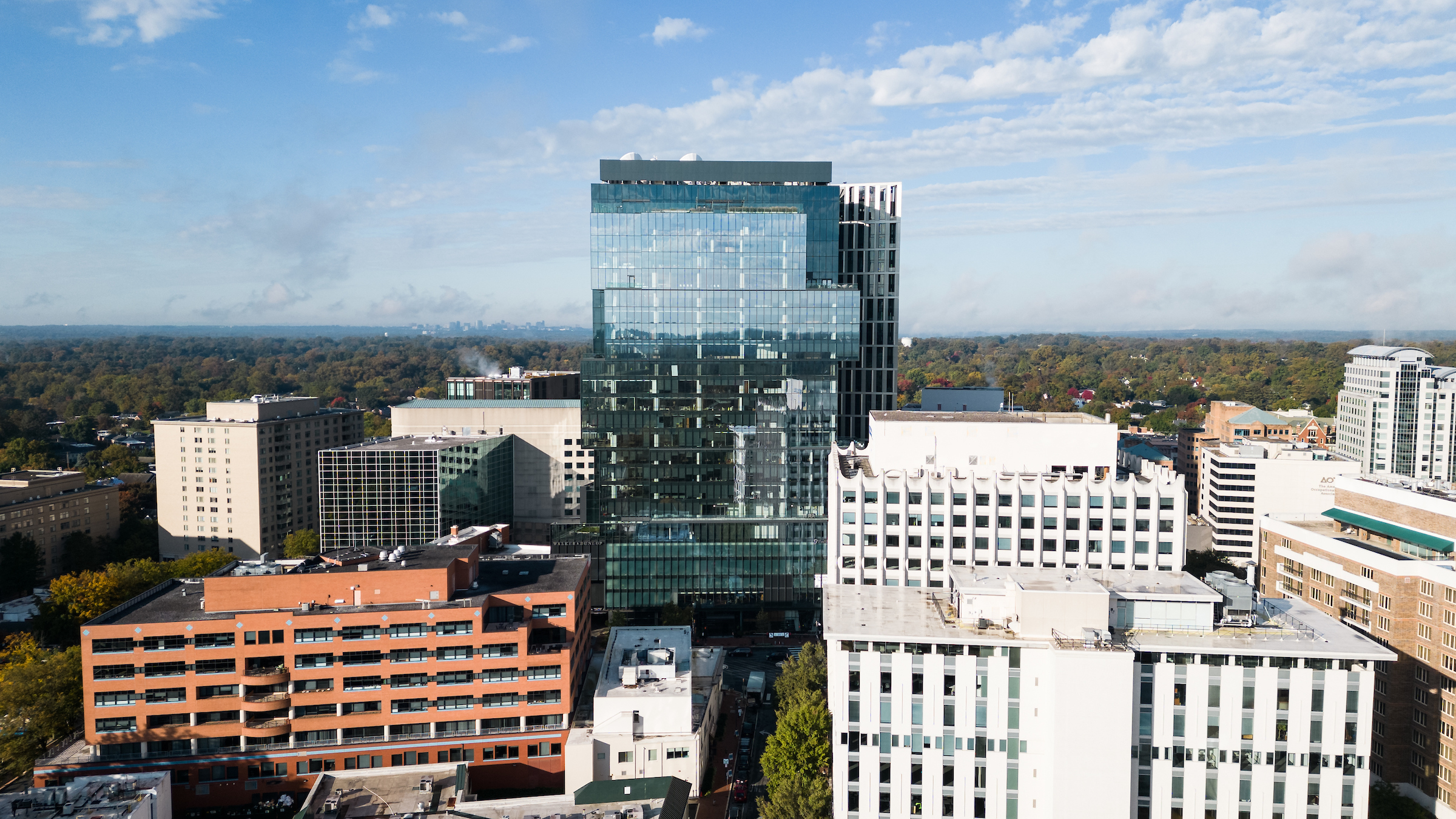 aerial view of tall buildings in downtown Bethesda