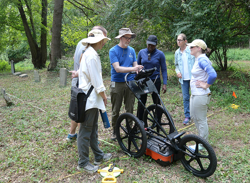 M-NCPPC archaeology staff from Montgomery and Prince George’s counties practice using the GPR unit at the Griffith Family Cemetery in Montgomery County.