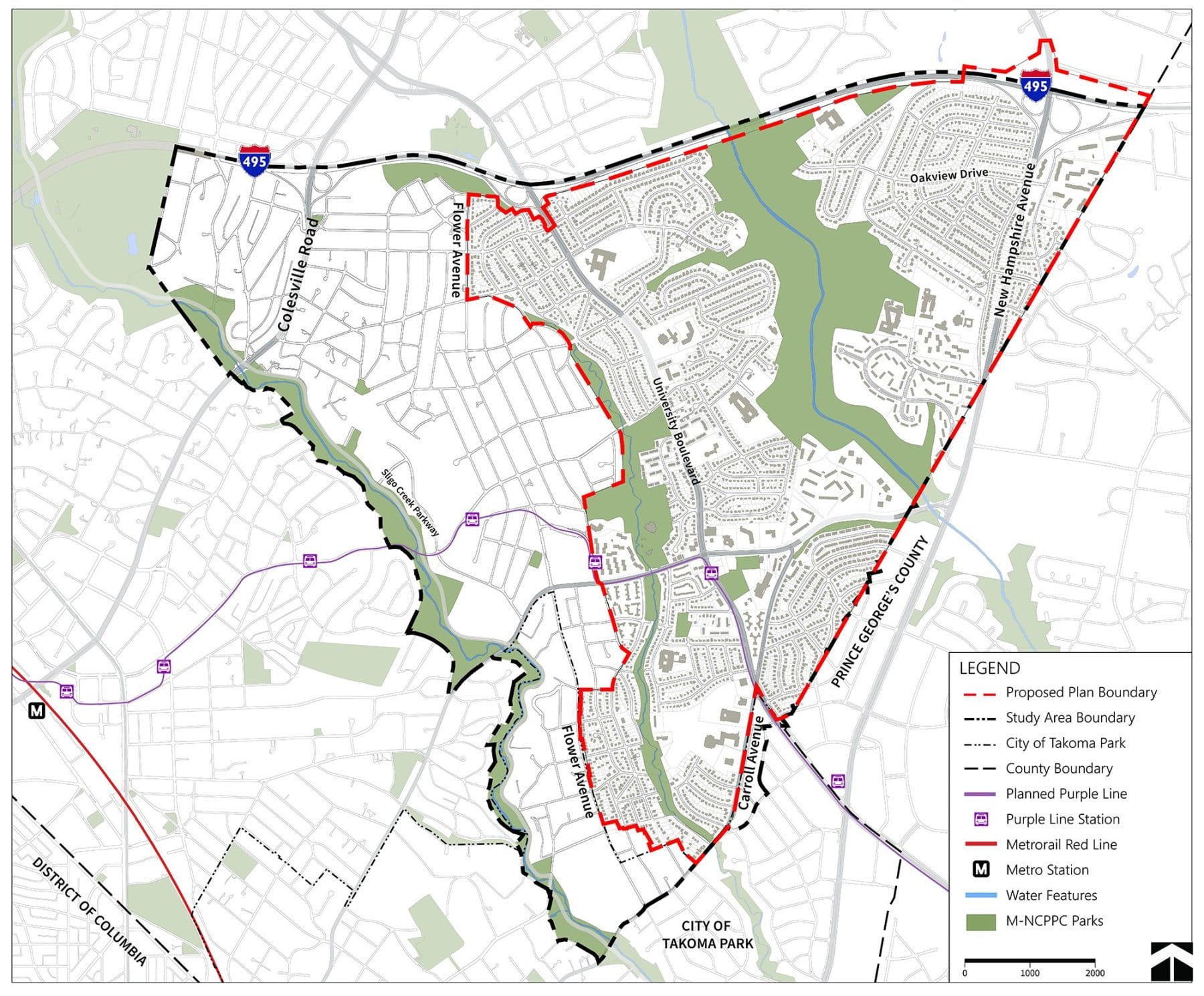 Map of the Proposed Plan area in relation to the larger study area. The Study Area extends from Sligo Creek east to the Prince George’s County line, inside the Capital Beltway (Interstate 495). The Proposed Plan Area extends east from the Prince George's County Border inside the Capital Beltway. As the county border intersects with University Boulevard, the boundary moves north to Carroll Avenue. From there the boundary goes north, between Garland and Greenwood Avenues. Ultimately the boundary aligns with Flower Avenue, north until, Wabash Avenue where it heads east to Garland Avenue. From there, the boundary follows Garland Avenue and then turns west on Glenview Avenue. The boundary follows Glenview until its end and then crosses Piney Branch north to Arliss Street, where it meets Long Branch-Arliss Neghborhood Park and follows the Long Branch stream valley north to E- Franklin Avenue, where it moves west and then north Along Flower avenue, an d east along Granville Drive. The north part of the boundary follows just south of the 495 beltway, and includes the interchange with New Hampshire Avenue.