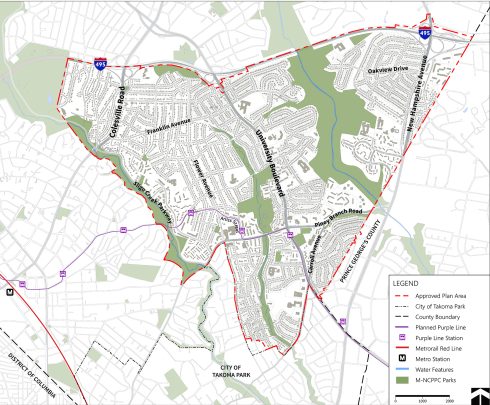 The Plan Boundary follows the Prince George’s County border to the east and the Capital Beltway (I-495) to the north. To the west, the boundary s just east of the Sligo Creek Golf Course and then follows the western edge of the Sligo Creek Stream Valley Park until Piney Branch Road. Then the boundary moves east along Piney Branch Road and then south on Flower Avenue, following the boundary of the City of Takoma Park. Then the boundary moves east along Maplewood Avenue, following the boundary with the recently approved Takoma Park Minor Master Plan Amendment, until it again lines up with the boundary of the City of Takoma Park, following it north on Carroll Avenue and then south on University Boulevard, until it meets the border with Prince George’s County. 