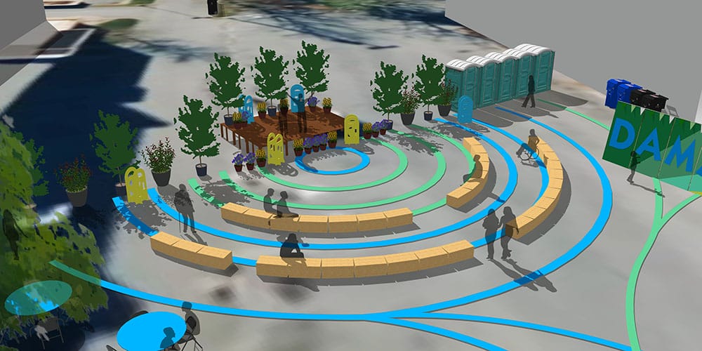 3D rendering of an outdoor community space featuring a playground, amphitheater-style seating, trees, and portable restrooms.