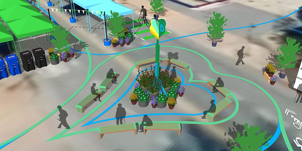 Overhead 3D rendering of a vibrant public park scene featuring a central flower bed surrounded by benches, with people engaged in various activities like walking and biking. Trees, additional benches, and a swing set are also visible in the area.