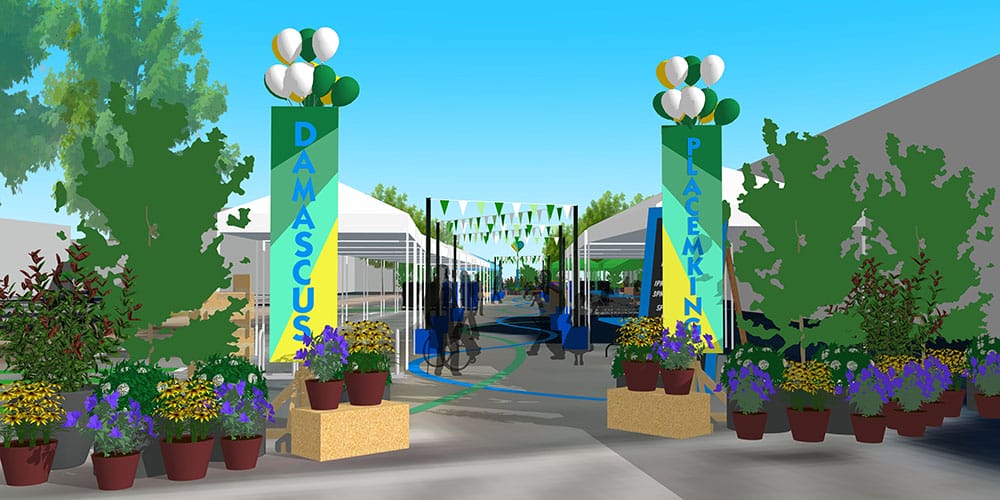 Illustration of an outdoor event entrance with banners reading "Damascus" and "Placemaking" flanked by balloon decorations and flower-filled planters, leading to tents and stalls under a clear sky.