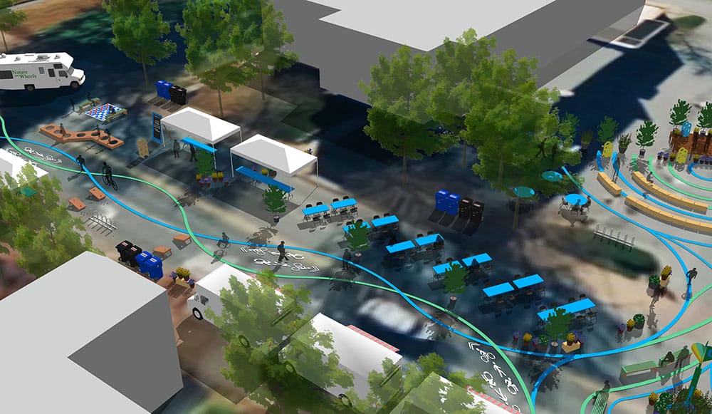 Digital rendering of a busy community space with multiple tents, tables, games and activities on the streets and sidewalks visually represented in a stylized, miniature format. Pedestrian traffic flows are highlighted with blue lines running through the scene.