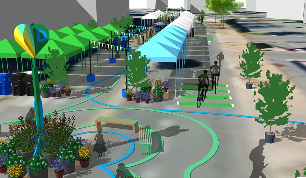 3D rendering of a colorful community space with green, blue and white tents, as well as seating, bike lanes, benches, and vibrant flower pots.