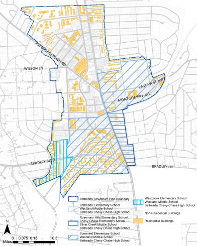 Map showing what areas within the plan area are serviced by different schools.