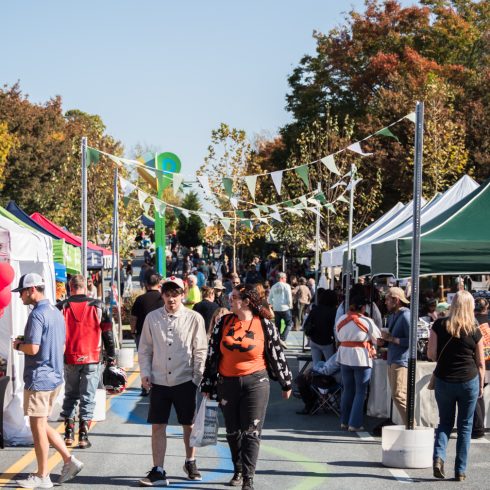 A bustling outdoor market scene with people walking between stalls under colorful bunting. Tents line both sides of the street, displaying various goods. Trees with autumn leaves are visible under a clear blue sky.