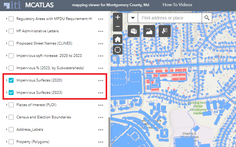 A screenshot of the MCATLAS mapping viewer for Montgomery County, MD. The left panel lists map layers, including impervious surfaces for 2020 and 2023. The right shows a map with highlighted red impervious areas.