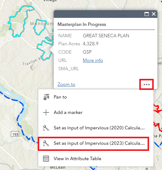 A digital map interface displaying the Great Seneca Plan. It shows a pop-up with options for setting input calculations for impervious surfaces, labeled for 2020 and 2023. Red outlines highlight the options menu.