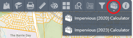 A digital map interface showing a toolbar with icons above a street map. A dropdown menu is open, displaying options for "Impervious (2020) Calculator" and "Impervious (2023) Calculator," both depicted with a toolbox icon.