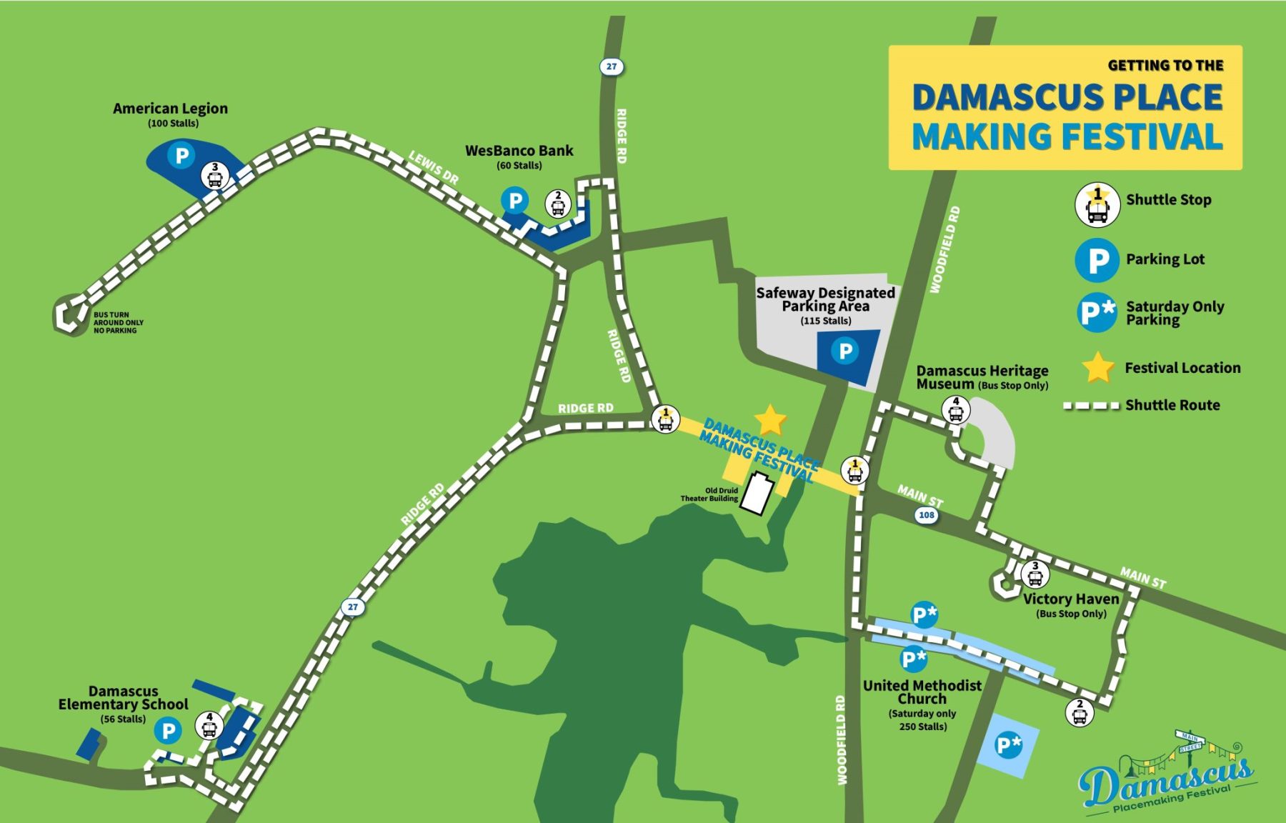 Map for the Damascus Place Making Festival. Includes festival location, parking areas at the American Legion, WesBanco Bank, Safeway, the United Methodist Church (Saturday only), and Damascus Elementary School, and shuttle routes. Green background with white route lines and blue parking icons.