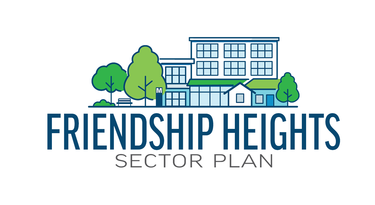 Illustration of Friendship Heights Sector Plan logo featuring trees, buildings, and a bench.