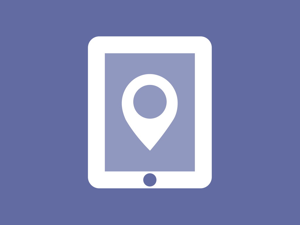 Icon of a tablet displaying a location pin symbol on a blue background.