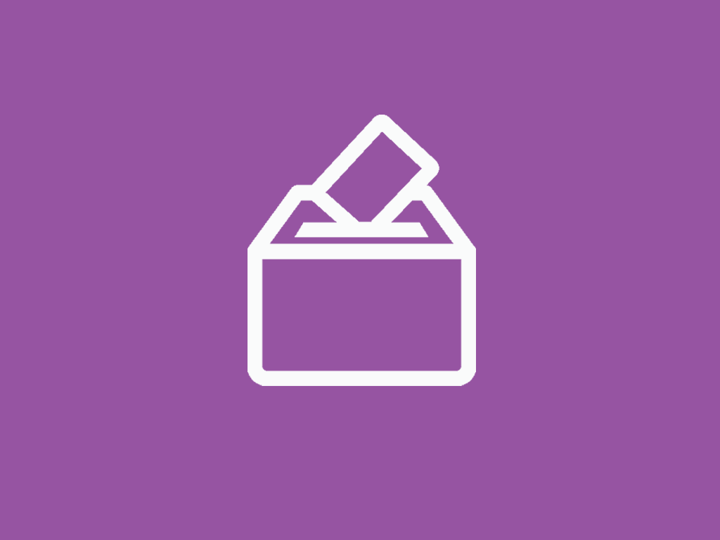 White ballot box icon on a purple background.