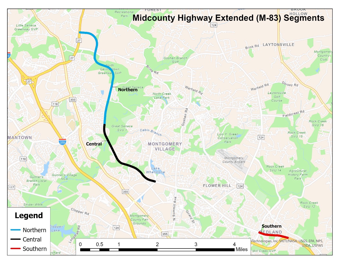 Map showing Midcounty Highway Extended (M-83) segments in Montgomery County, Maryland, with Northern, Central, and Southern portions marked in blue, black, and red, respectively.