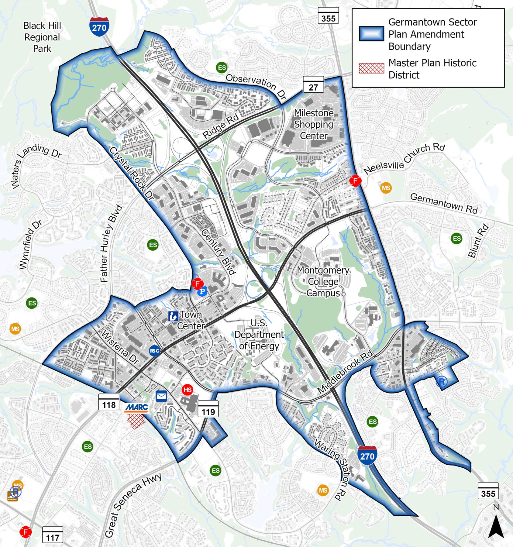 A map that has a blue line indicating the boundary of the Germantown Sector Plan Amendment. Interstate 270 bisects the boundary which encircles Germantown from Black Hill Regional Park in the north, the Germantown Marc Station tracks in the west, MD 355 in the east and areas encompassing Waring Station Road and Middlebrook Road in the south. The boundary is centered on the Germantown Town Center and mix of employment centers, shopping centers, and residential neighborhoods on both sides of I-270. The Montgomery College Germantown campus and the U.S. Department of Energy campus are the largest sites within the plan area. 