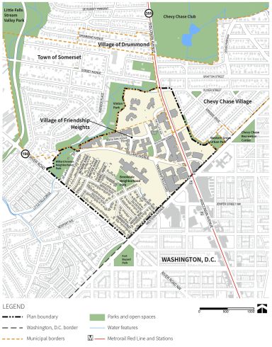 Map showing the boundary of the Friendship Heights Sector Plan indicated by black lines surrounding the Village of Friendship Heights, Maryland adjacent to Washington, D.C., highlighting parks, water features, Metro rail Red Line, and stations with municipal borders marked. The plan area also includes the portion of the Brookdale neighborhood east of River Road that is adjacent to the GEICO headquarters property.