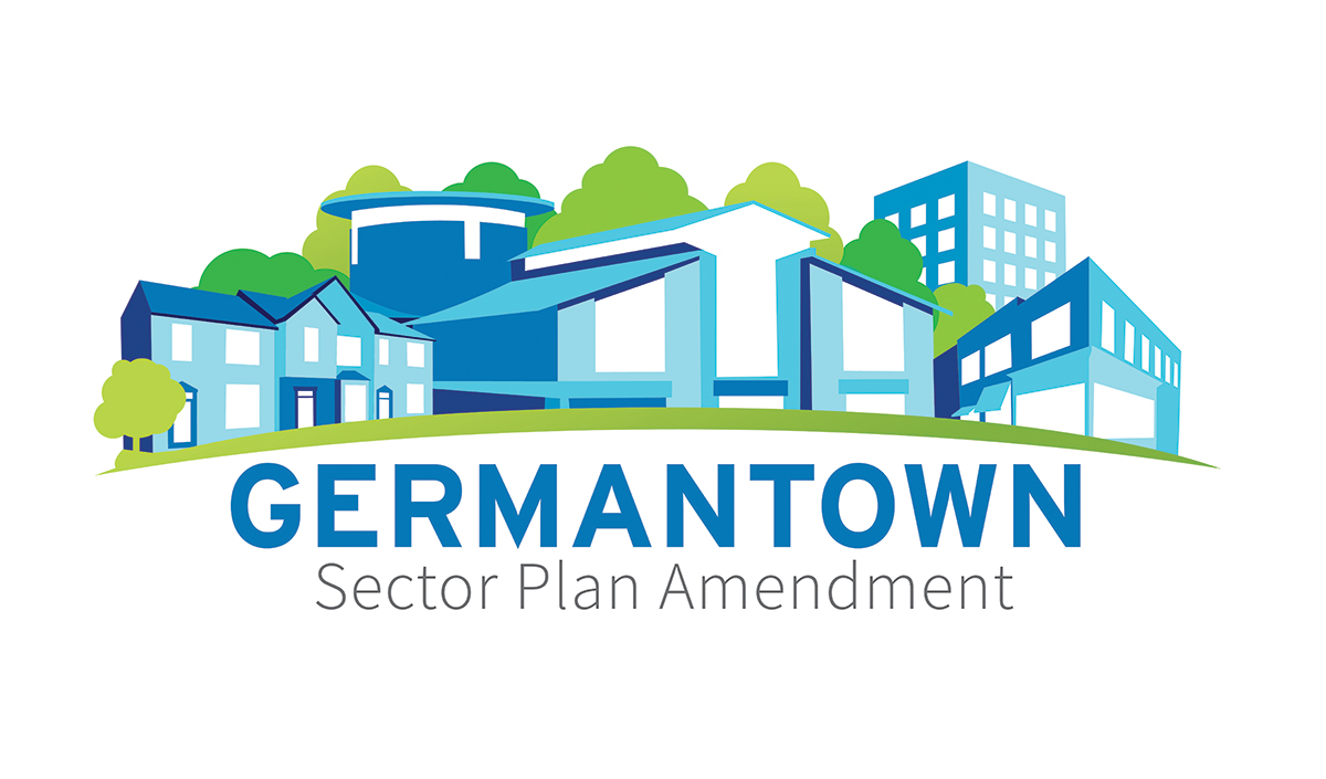 Illustration of Germantown buildings, trees, and landscape with text "Germantown Sector Plan Amendment.