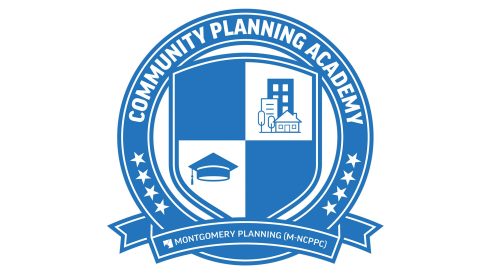 Blue and white logo for Community Planning Academy featuring a shield with icons of a building, house, and graduation cap. Text includes "Montgomery Planning (M-NCPPC).