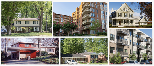 Collage of various residential buildings, including suburban houses, apartment buildings, and a modern home, surrounded by trees and lawns.