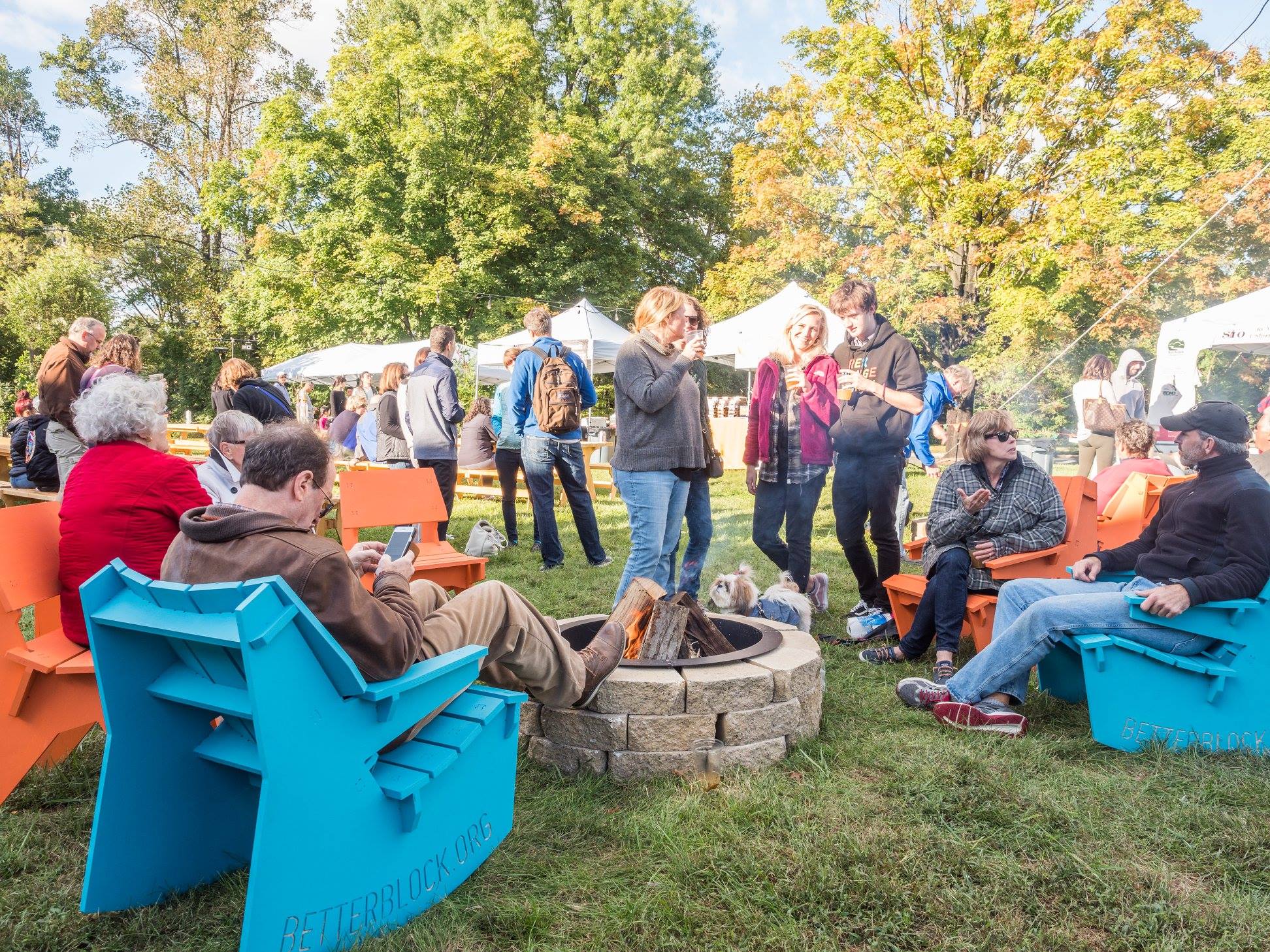 People gather outdoors around a fire pit, sitting on colorful chairs and standing, with tents and trees in the background on a sunny day.